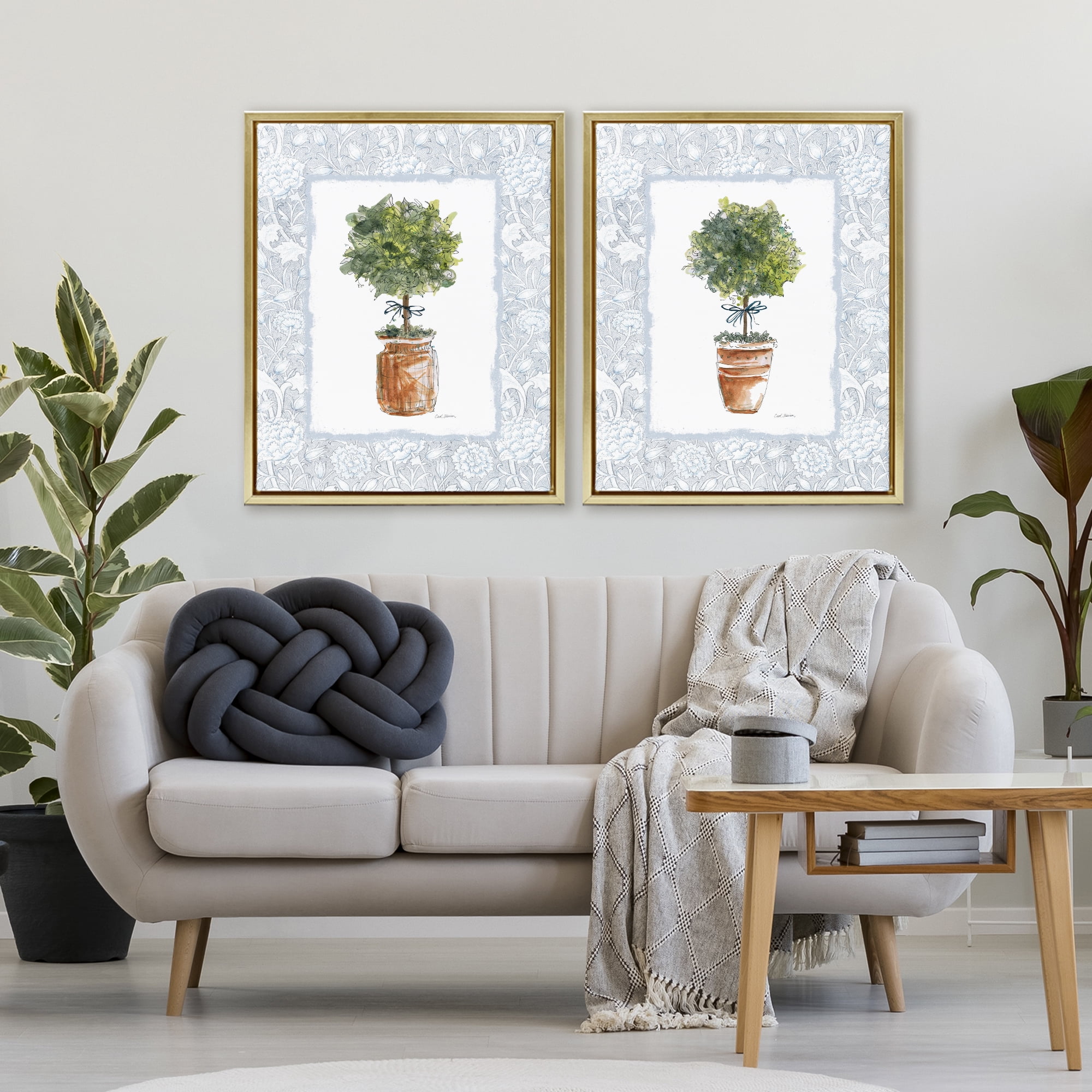 Stupell Industries Potted Topiary Plants 2 Piece Gold Framed Floater Canvas Set, design by Carol Robinson