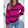 thumbnail image 5 of Womens Oversized Striped Tunic Sweaters Casual V Neck Long Sleeve Color Block Knit Pullover Jumper Tops Rose Red S, 5 of 8