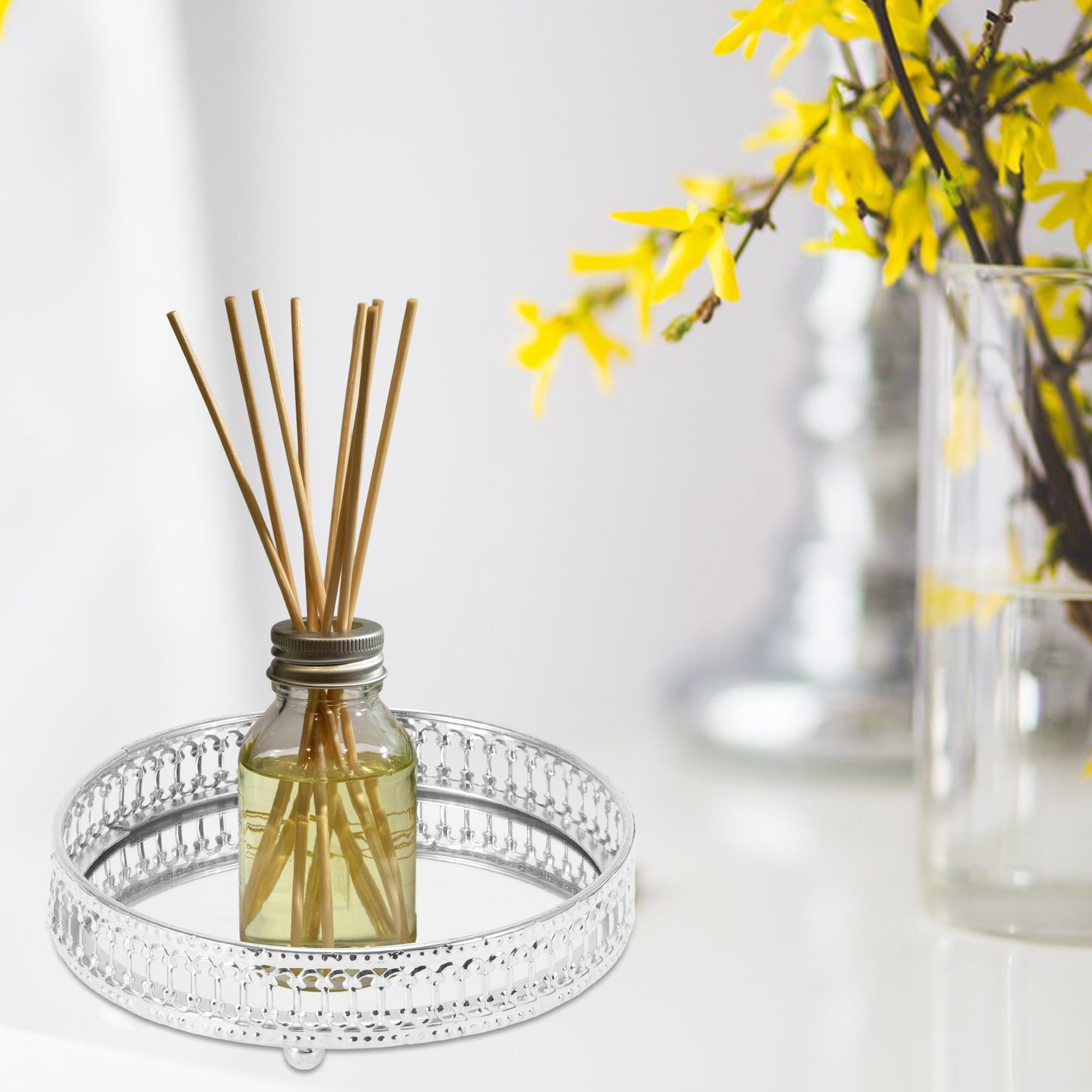 Unique Bargains Mirror Tray Round Metal Perfume Tray Glass Candle Serving Decorative Tray