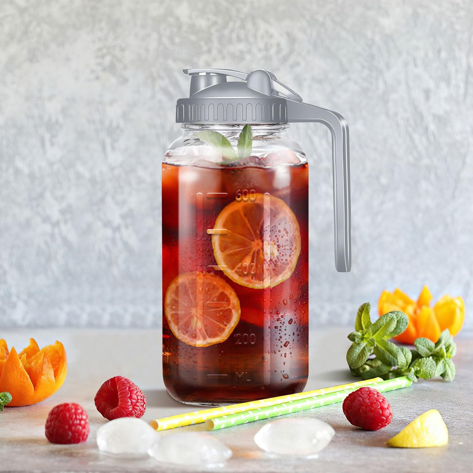 3 Pack 64 OZ Mason Jars with Lid, Glass Pitcher Double Leak Proof with Pour Spout Handle, 2 Quart Wide Mouth Breast Milk Pitcher for Fridge, Creamer Container for Coffee, Sun Tea, Juice（grey）