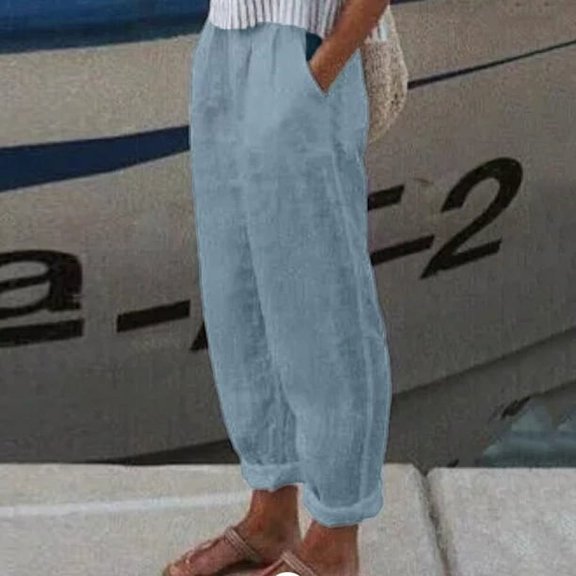 Women's Cotton Linen Capri Pants Summer Lightweight Elastic Waist Palazzo Harem Pants Baggy Trousers with Pockets