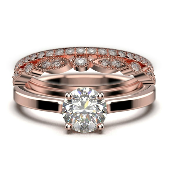 Spectacular And Decorative 2.00 Carat Round Cut Diamond Moissanite Solitaire Engagement Ring, Wedding Ring, Trio Set in 10k Solid Rose Gold, Gift For Her, Promise Ring, Anniversary Ring