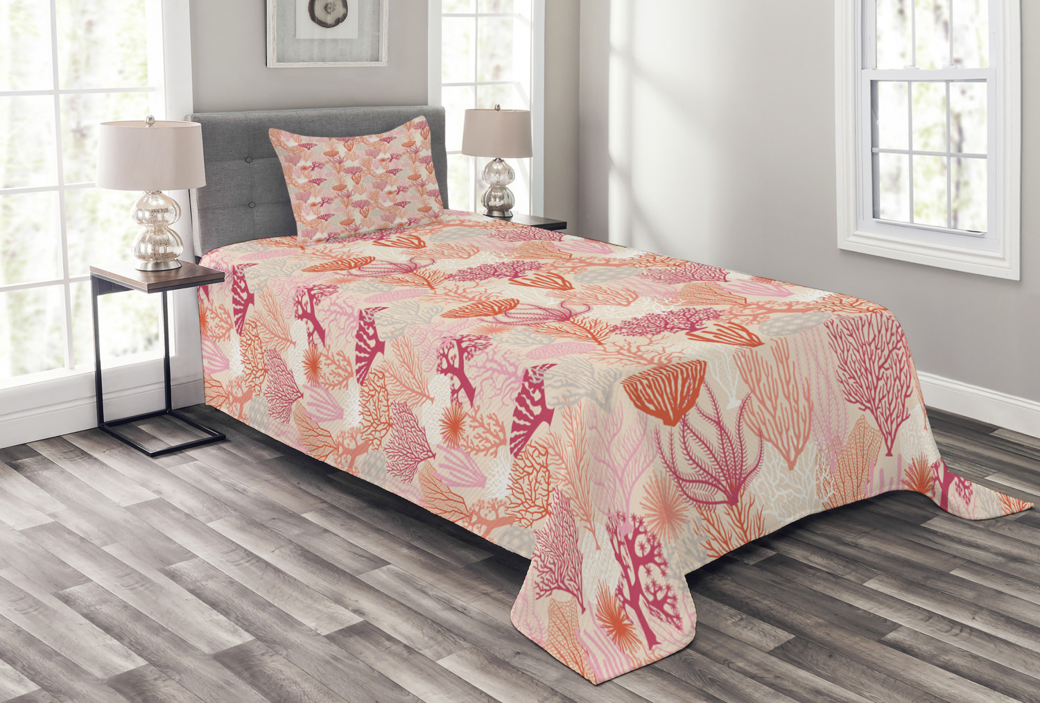 Coral Bedspread Set Twin Size, Various Coral Formations Aquatic Theme