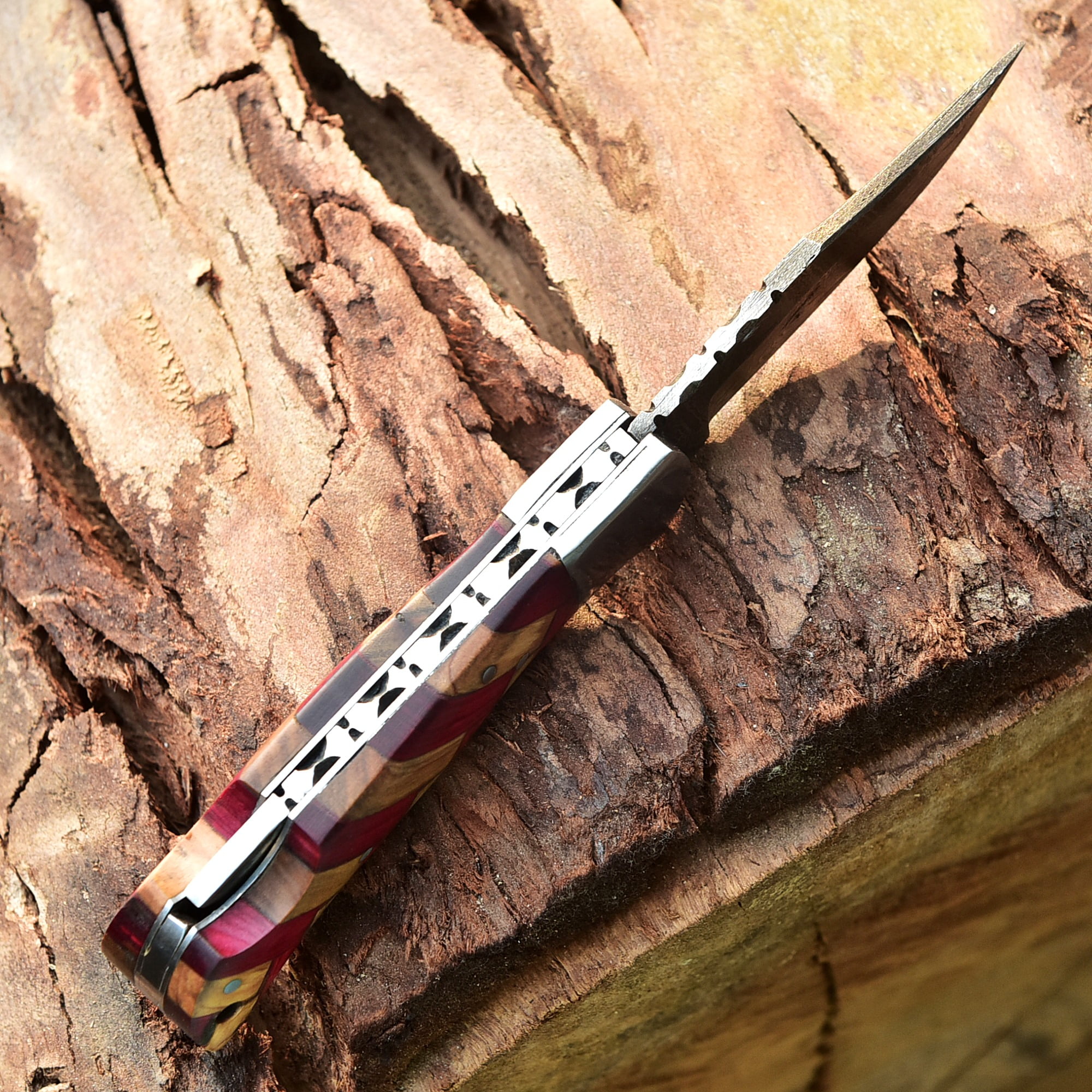 Custom Handmade Damascus Steel Folding Knife/Pocket Knife SS-170481 (Red and Olive  Wood)