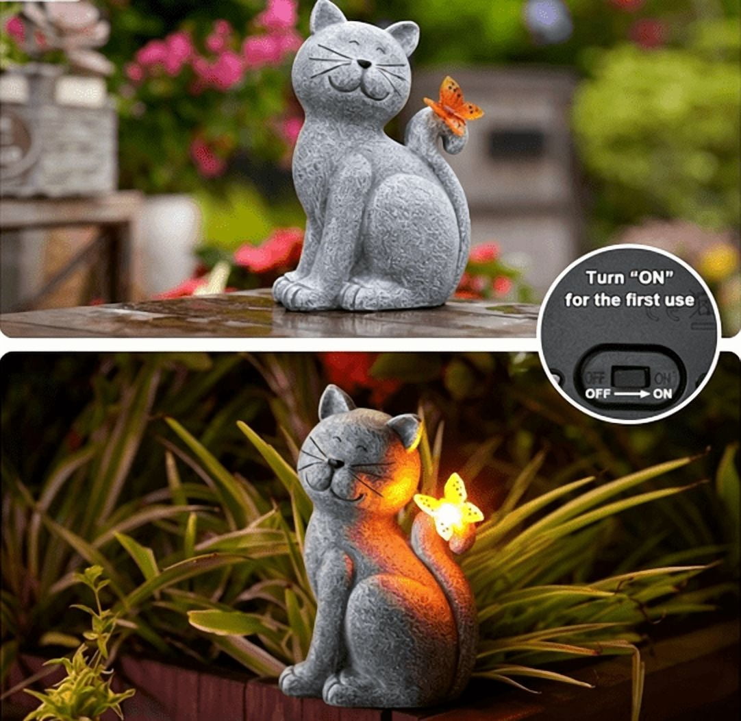 Eespoir Solar-powered Cat Outdoor Statues for Garden, Outdoor Waterproof Figurine for Yard Art Lawn Ornaments Porch Patio Balcony Home House for Grandma Mom Women