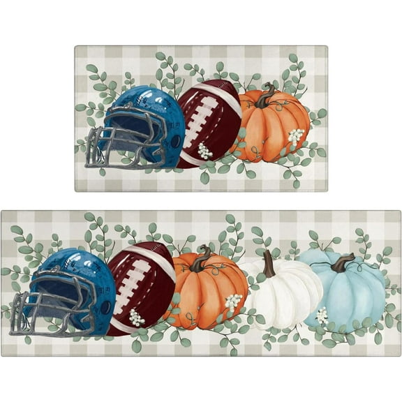 Fall Thanksgiving Pumpkin Kitchen Rugs Set of 2,Eucalyptus Buffalo Plaid Farmhouse Floor Mats and Rugs Non Skid Washable for Kitchen Home Decor (Blue Football 17"x47" 17"x30")
