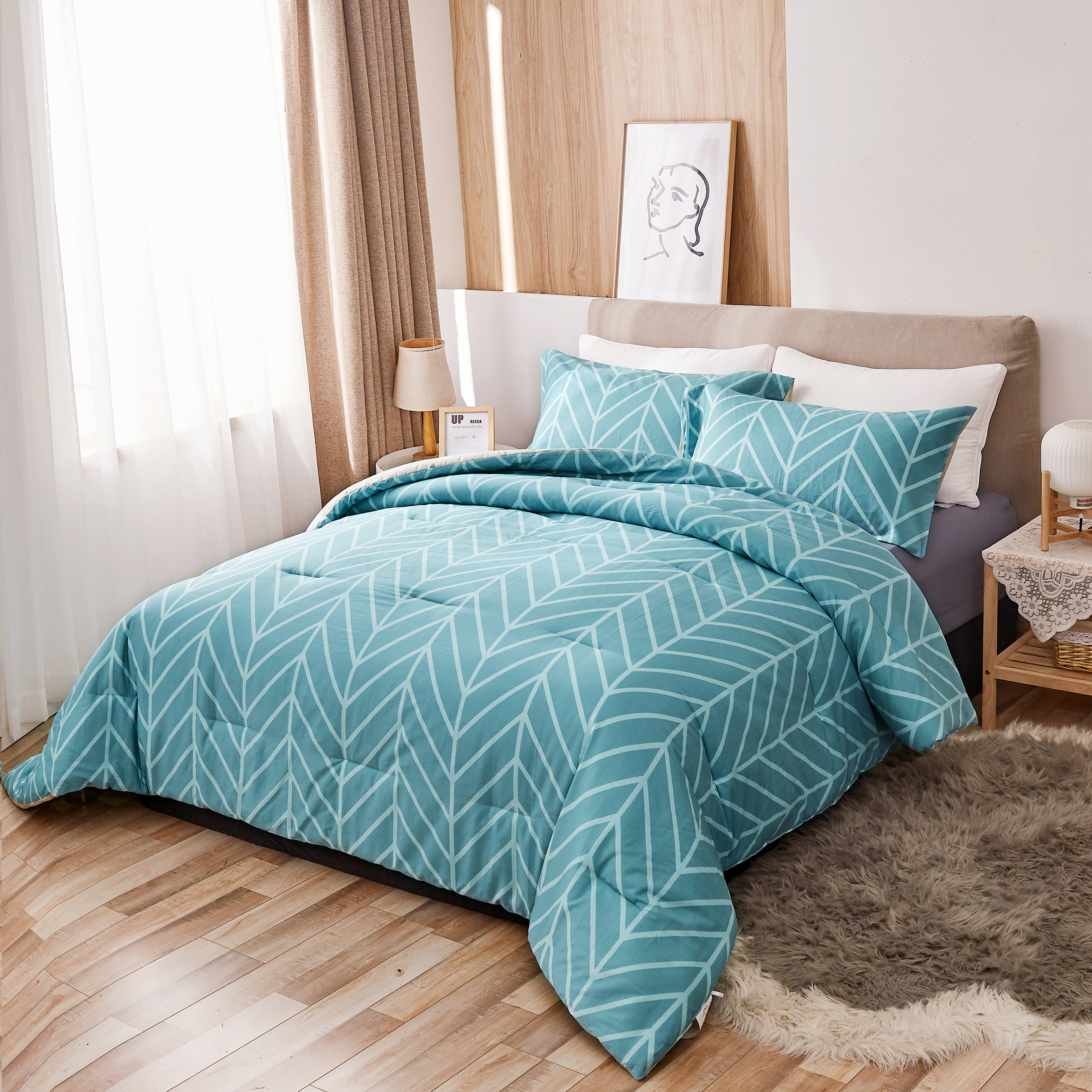 Peach Leaf Super Soft 100% Cotton 3-Piece Comforter Set with Shams, King, Teal Chevron