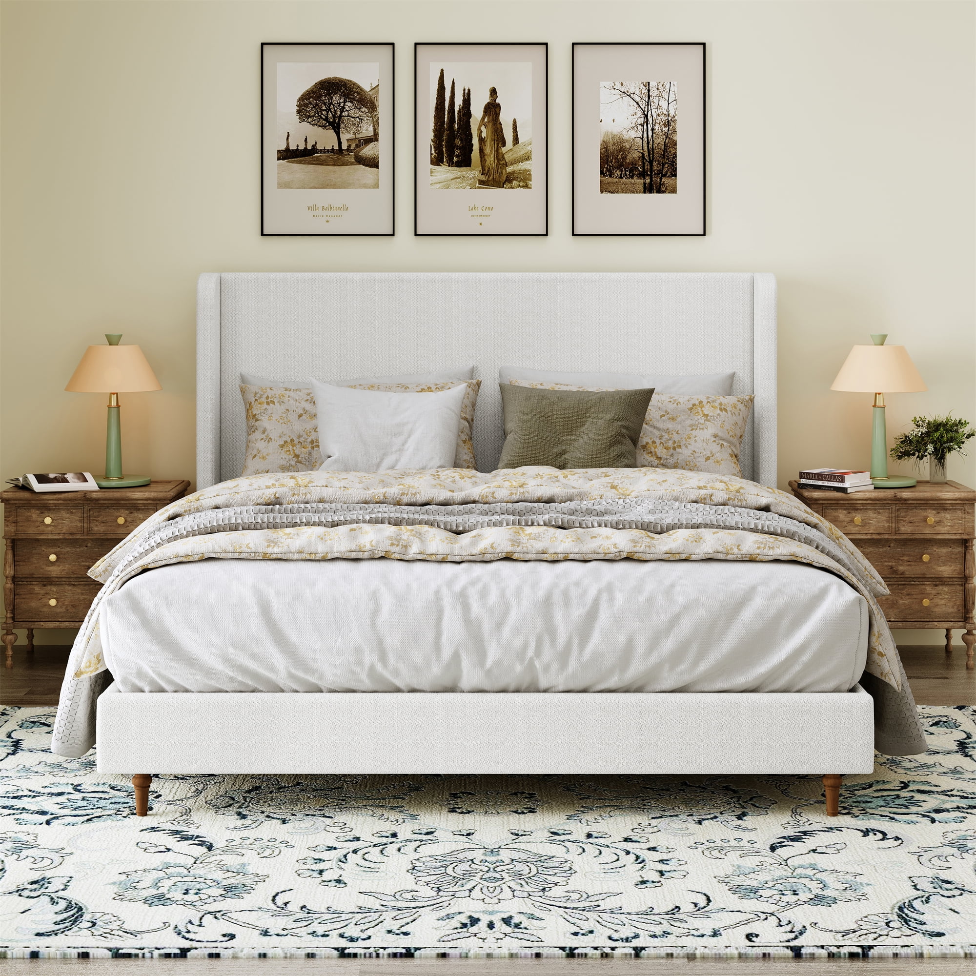 King Size Bed Frame High Headboard Upholstered Platform Bed, Retro Simple Style Platform Bed No Box Spring Needed, Easy Assembly, Ivory