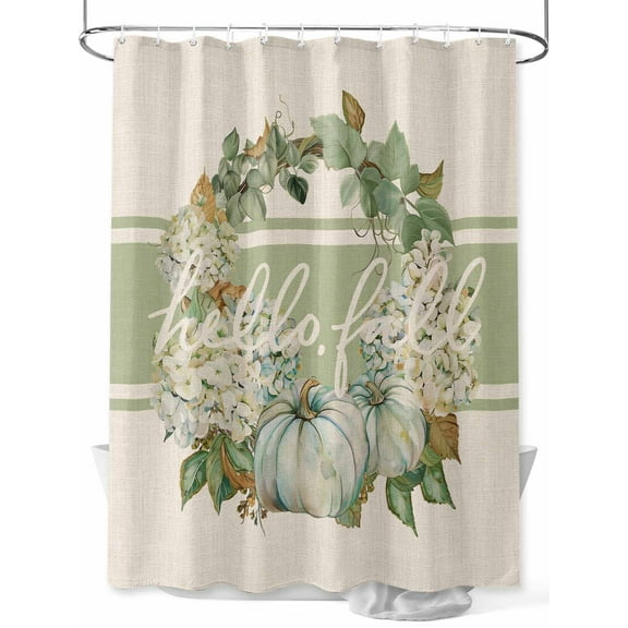 Sage Green Fall Standard Shower Curtain Set, Waterproof Shower Curtains for Bathroom, Pumpkins Wreath Rustic Thanksgiving Washable Fabric Cloth Bath Curtain for Bathtub with Hooks 72x72 Inches