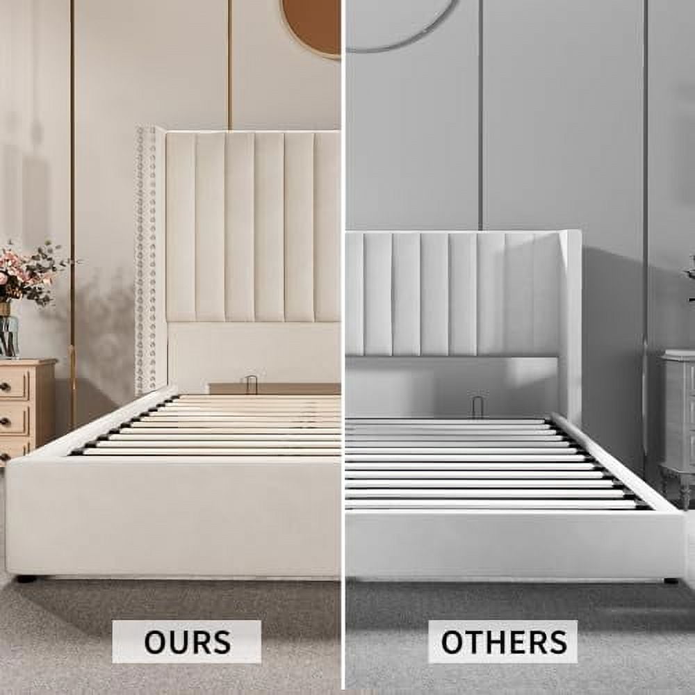 VanAcc Lift up Storage Bed Frame King Size, Upholstered Platform Bed Velvet with Channel Tufted Wingback Headboard, No Box Spring Needed, Cream