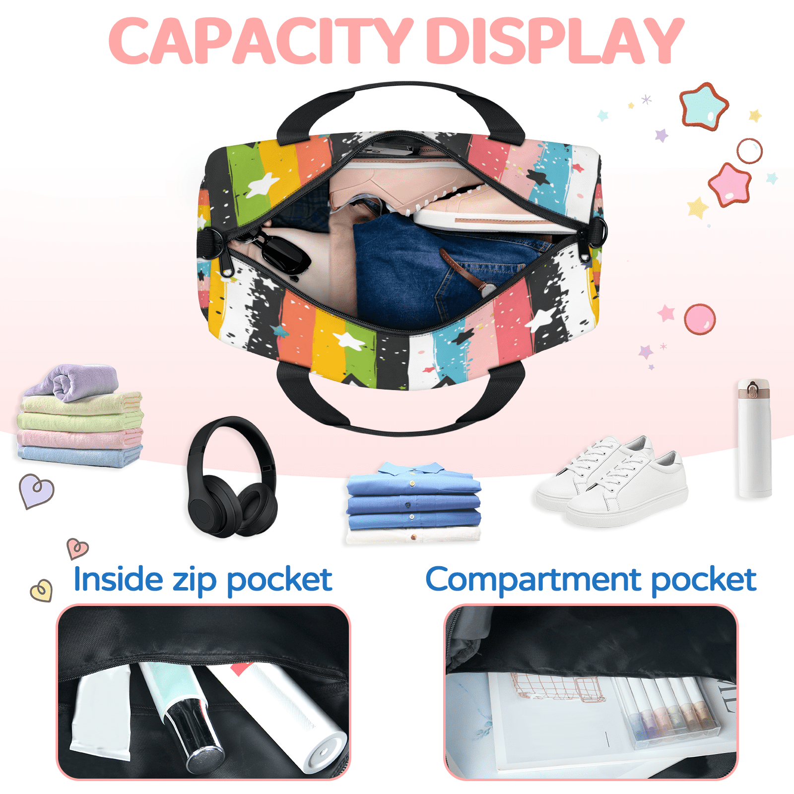 Herdesigns Black Cat Travel Duffle Bag Sports Yoga Weekender Overnight Carry on Workout Bags Lightweight Waterproof Gym Tote Bag for Women