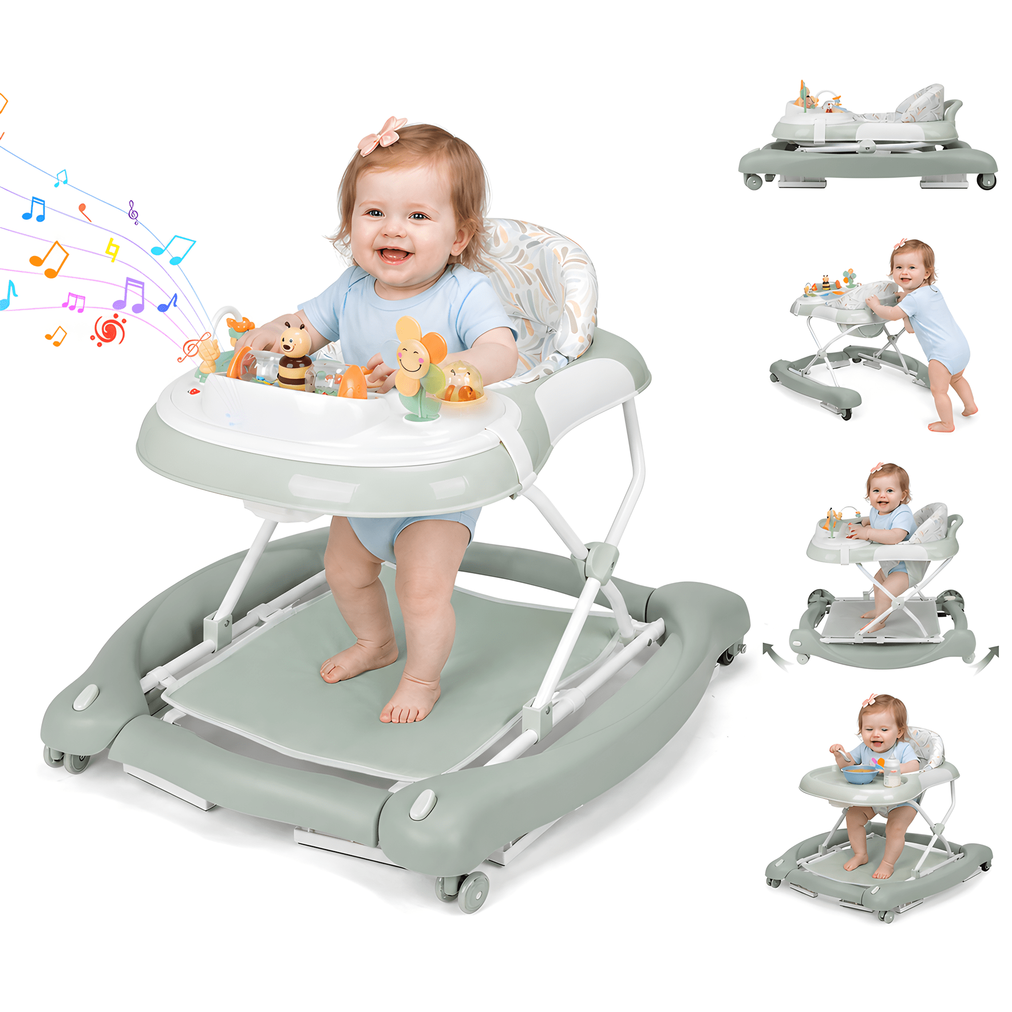 PRVAETU 5 in 1 Baby Walker for Boys Girls,Rocking,Push,Trampoline Bouncer,Foldable,Music & Light,Height Adjustable,Wheels for 6-18Months Infants,Green