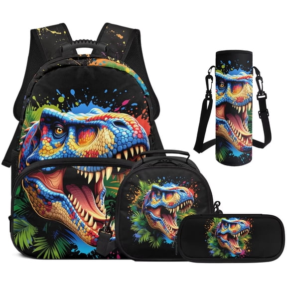 XYZCANDO Cool Dinosaur School Backpack Set 4Pcs with Portable Lunch Bag Multifunctional Pencil Case Water Bottle Bag Carrier Large Capacity Bookbag for Elementary Middle School