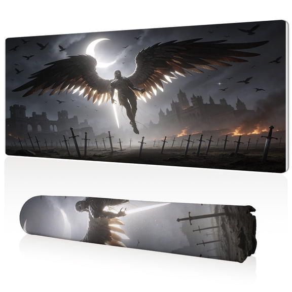 LIVEKEY XL Mouse Pad 80x40x0.3cm Angel Warrior on Moonlit Battlefield Design Extra Large Full Desk Coverage Non Slip Durable Easy Clean Stitched Edges for Gaming and Office
