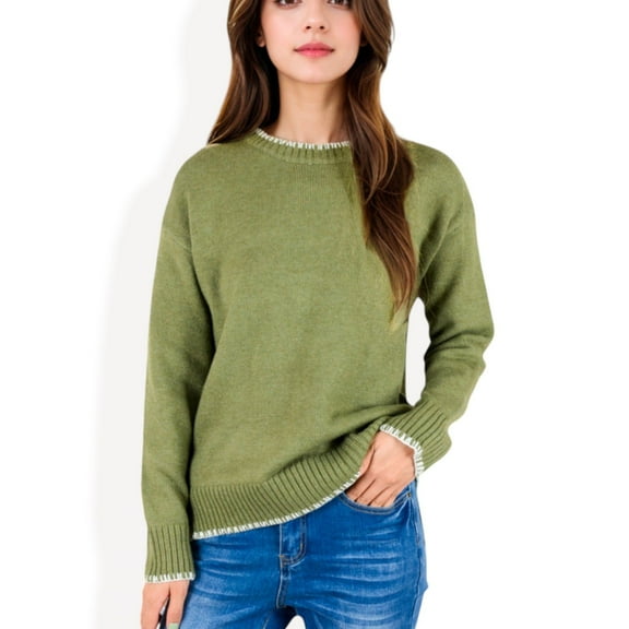 Women's Crew Neck Long Sleeve Knit Sweater with Contrast Trim and Ribbed Hem - Medium, Green