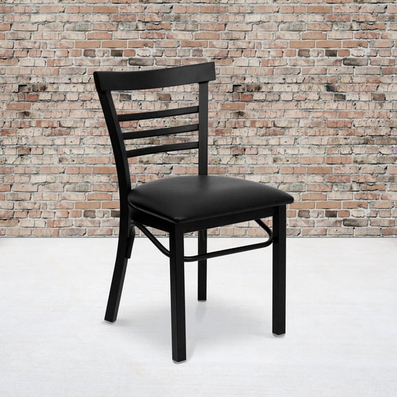 Emma Oliver 2 Pack Black Three-Slat Ladder Back Metal Restaurant Chair - Black Vinyl Seat