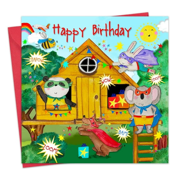 Twizler Birthday Card for Boys & Girls - Animal Superhero Treehouse - Childrens Happy Birthday Card for Kids