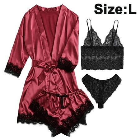 

4 Pieces Women s Satin Floral Lace Cami Top Lingerie Pajama Set with Robe Dressing Gown Kimono Lingerie Set Satin Pyjamas Lace Robe Bra