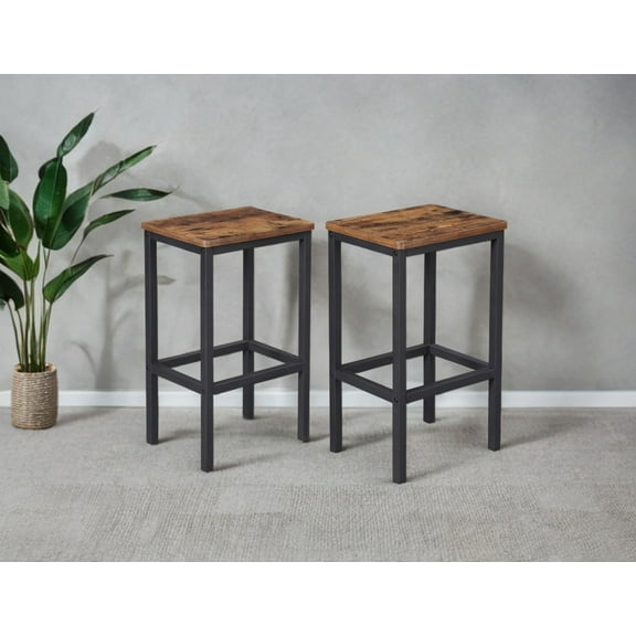 Bar Stools Set of 2, Rustic Brown & Black, Kitchen Breakfast Chairs with Footrest