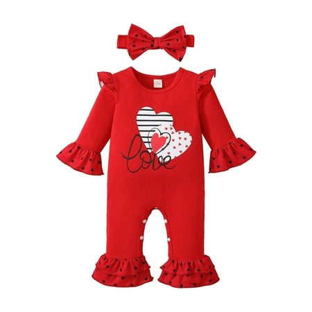 

Baby Dress Clothes Toddler Girl Girls Long Sleeve Valentine s Day Romper Letter Hearts Printed Bell Bottoms Flare Jumpsuit Headbands Set Rompers for Big Girls 10 12