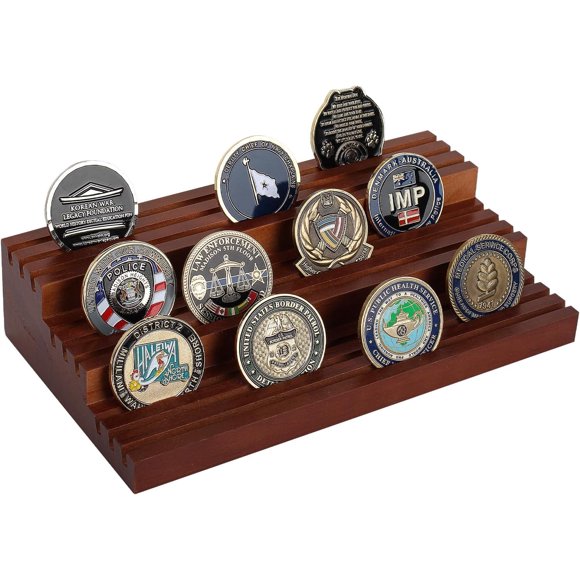 Challenge Coin Display Stand,Three-Tier Coin Rack Military Coins Display Holders Shelves,Wooden Army Collectible Coins Holder Case Holds 45-50 Coins Vacation Present