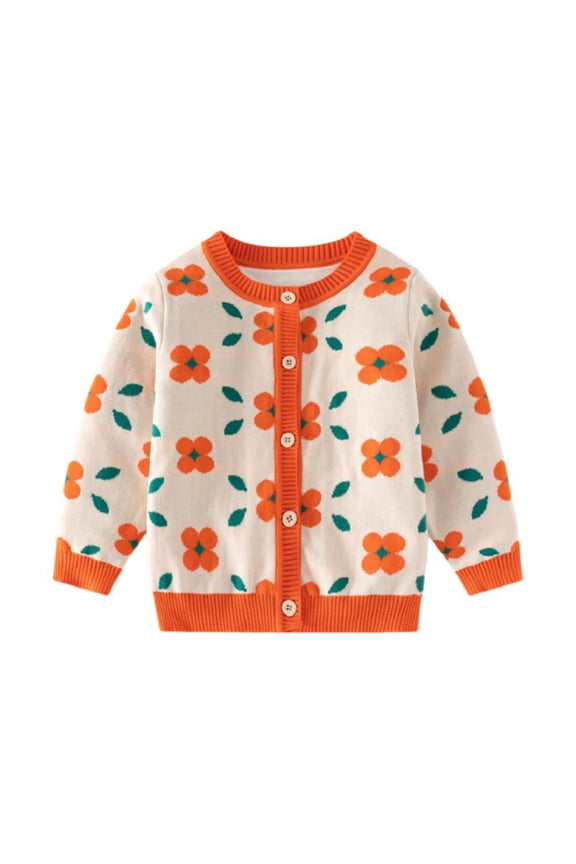 Baby Girls Round Neck Cardigan Wool Knit Outerwear Flower Pattern Toddler Cardigan Sweater