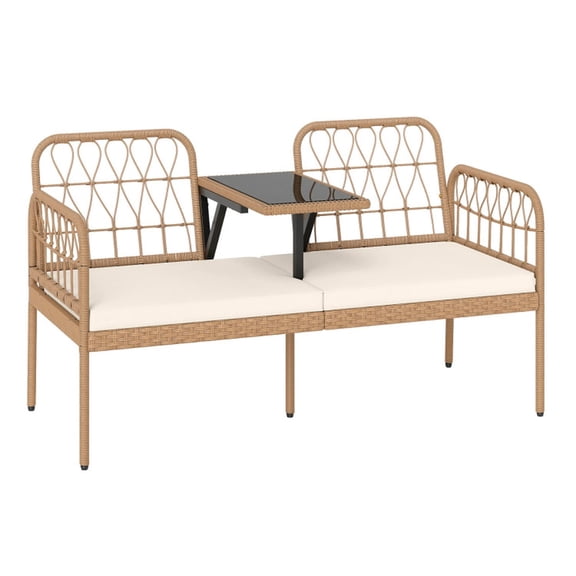 Biotree Outdoor Loveseat 2-Seat PE Rattan Patio Sofa with Built-in Coffee Table and Soft Cushions for Garden Backyard Deck and Porch, White