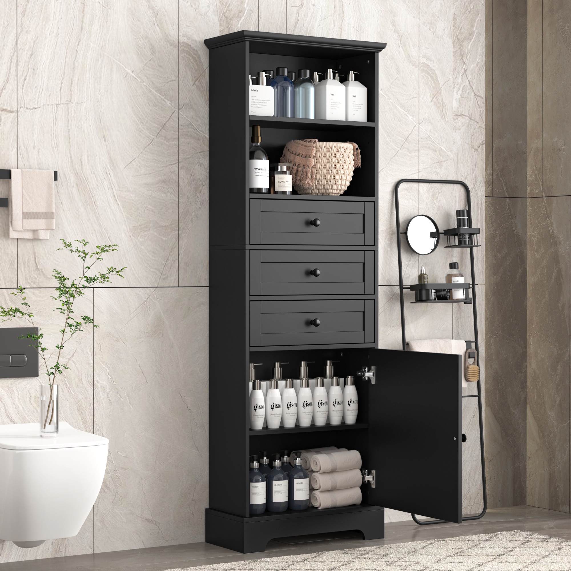 Tall Bathroom Cabinet, FURNINEST Bathroom Cabinet with 3 Drawers and Adjustable Shelves, Storage Cabinet Furniture for Home Bathroom, 22"L x 10.3"W x 57.3"H, Black