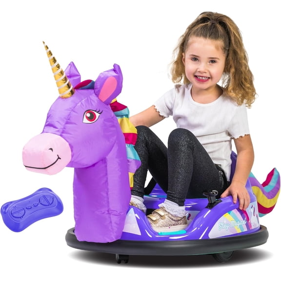 6V Unicorn Toys Bumper Car - Kids Electric Car, Ride On Toddler Toy, Toddler Boys, w/Music, Parent Remote Control, LED Light, 360° Spin, 1 MPH, Auto-inflated, Max Weight of 66lbs, Age 1.5-4