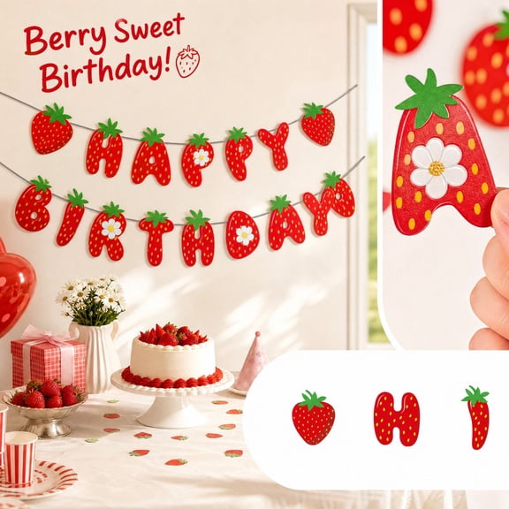 Happy Birthday Banner Strawberry Theme Party Decorations, Cute Red Fruit Bunting Backdrop for Girls Kids Baby Shower, Summer Picnic Photo Props Wall Hanging
