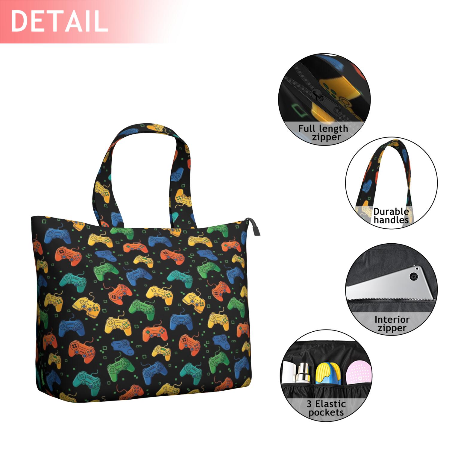 Multicolor Controllers Games Icons Black Pattern Travel Tote Bags for Women Carry On,Large Weekender Bags for Women Travel,Multi Functional Duffle Bag for Work,Shopping,Sports