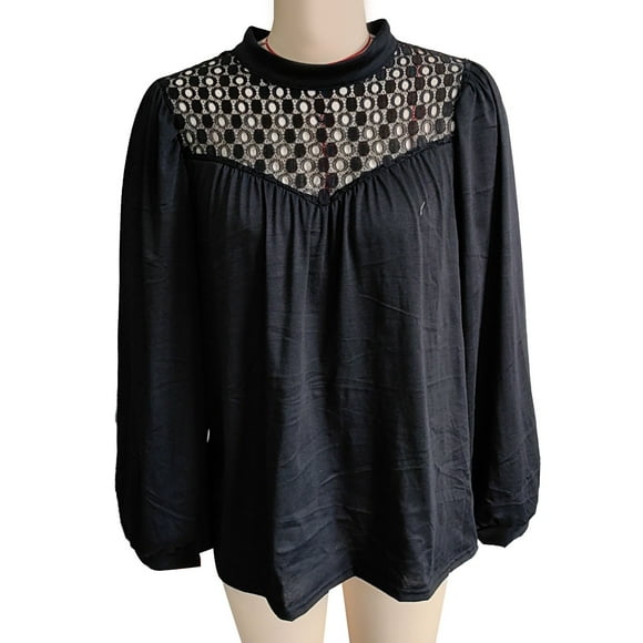 Lace Stitching Blouse, Long Sleeve Simple Loose Lace Stitching Blouse Basic Fashionable for Daily Life for Girl Black XXL