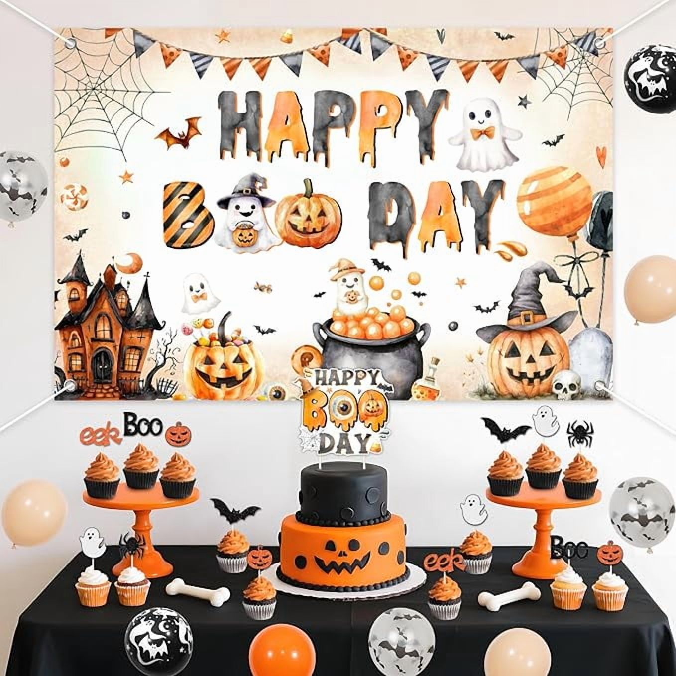 Happy Boo Day Halloween Banner - Pink & Black Ghost Birthday Decor For Baby Girl's First Halloween