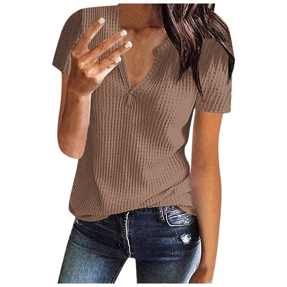 Tfken Summer Women Tshirts Solid Color Short Sleeve V Neck Tops Casual Trendy Female Soft Shirts Brown