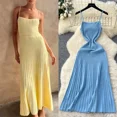 thumbnail image 2 of Knitted Pleated Long Dress High Waist Midi Sling Dress Elegant Sleeveless Yellow Dress Women Streetwear Black Bodycon Dress, 2 of 10