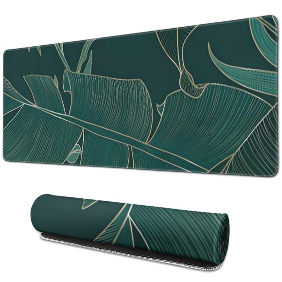 Tapis de Souris à Feuilles Vertes Extra Grand - Tapis de Bureau Allongé avec Bords Cousus, Base en Caoutchouc Antidérapante, Parfait pour le Jeu, le Travail de Bureau et la Maison - Tapis de Clavier - 31,5 x 11,8 Pouces