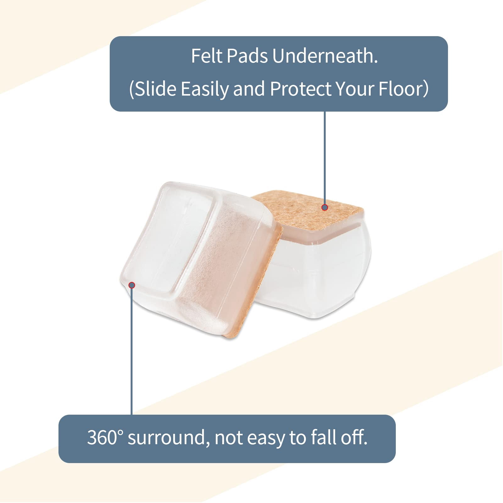 Flyshop Furniture Chair Leg Caps Hardwood Floor Protectors with Felt Pads, Easy Sliding, Rectangle, Large Size, Length 38-51 mm Width 25-38 mm, Transparent, 8PCS