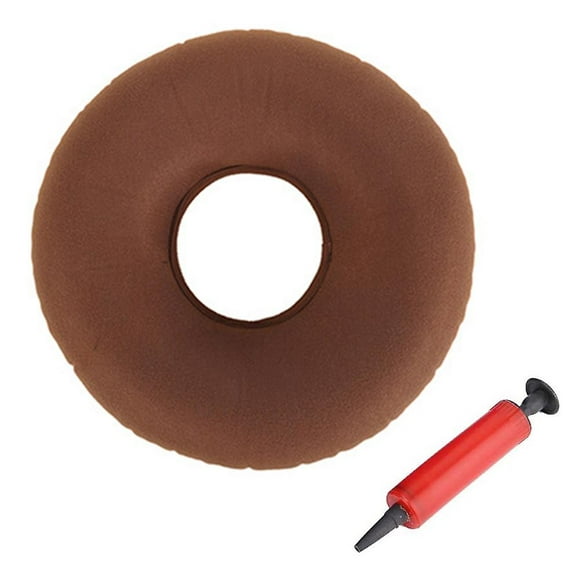 Inflatable Donut Cushion Pillow / Doughnut Pillow With Pump Travel Bag - Lumbar Support For Hemorrhoids, Pregnancy, Light Brown