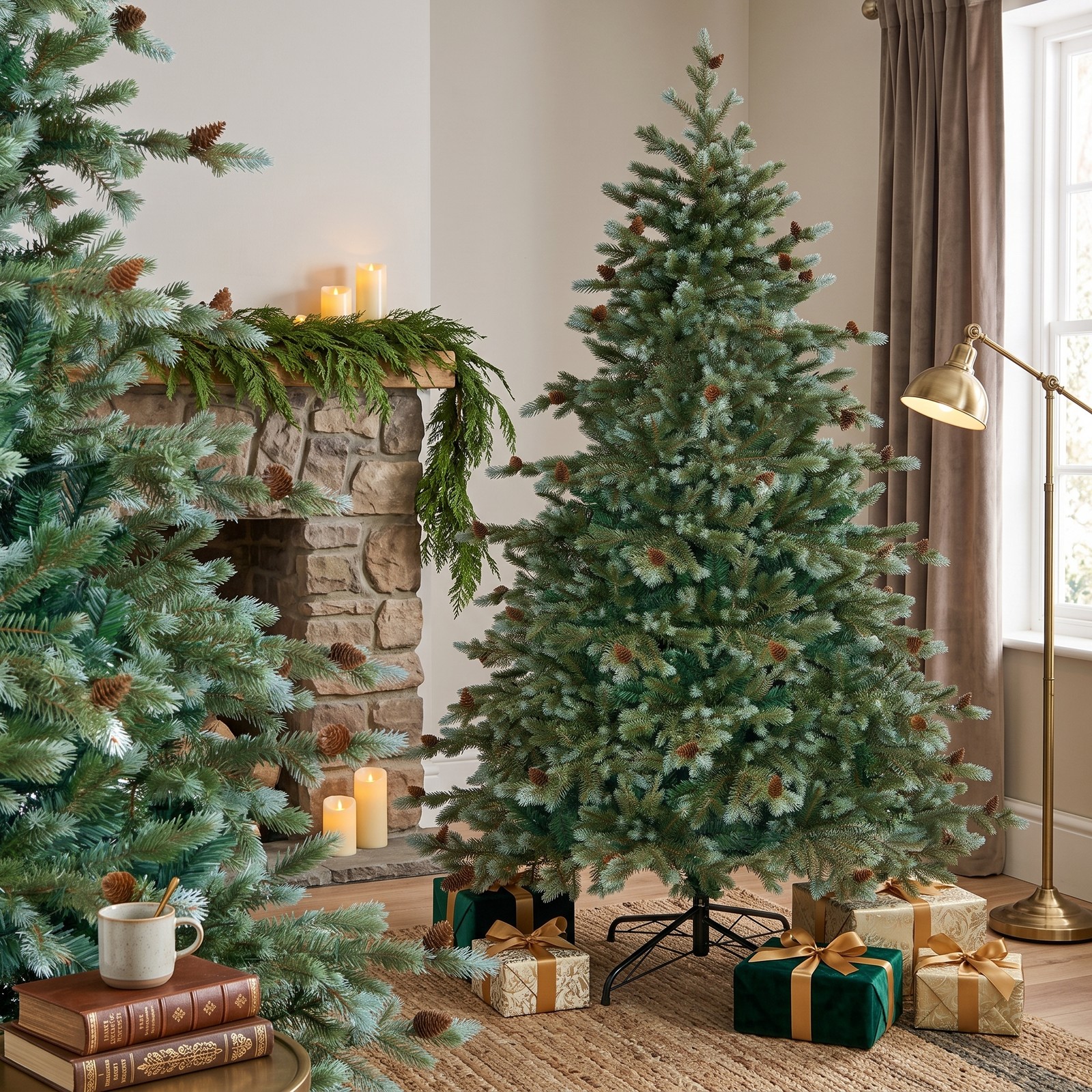 RUIE 6 FT Artificial Christmas Tree with 240 Warm White LED Lights and 53 Pine Cones, Pre-Lit Hinged Xmas Tree with Metal Stand for Home Office Holiday, Green