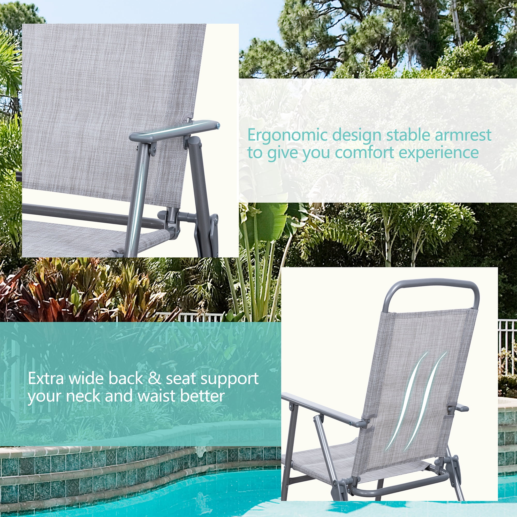 Walsunny 6 Piece Patio Furniture Set with Umbrella, Outdoor Patio Dining Set with 4 Folding Chairs and Tempered Glass Dining Table, Silver