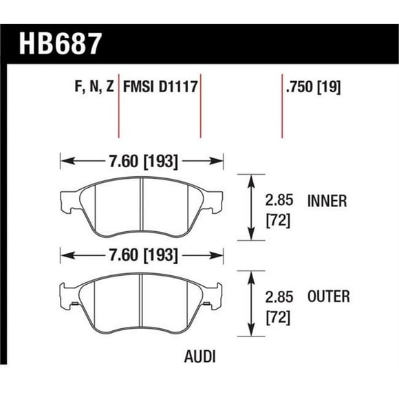Plaquettes de Frein avant Hawk Performance HB687F.750 Ch pour 04-10 Audi A8 Quattro & 07-11 S6 & 07-10 S8 & 04-06 VW Phaeton
