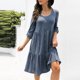 thumbnail image 5 of Vestido de botón de manga larga sexy de color sólido suelto con cuello redondo de mujer casual de moda Fridja NMB3025, 5 of 6