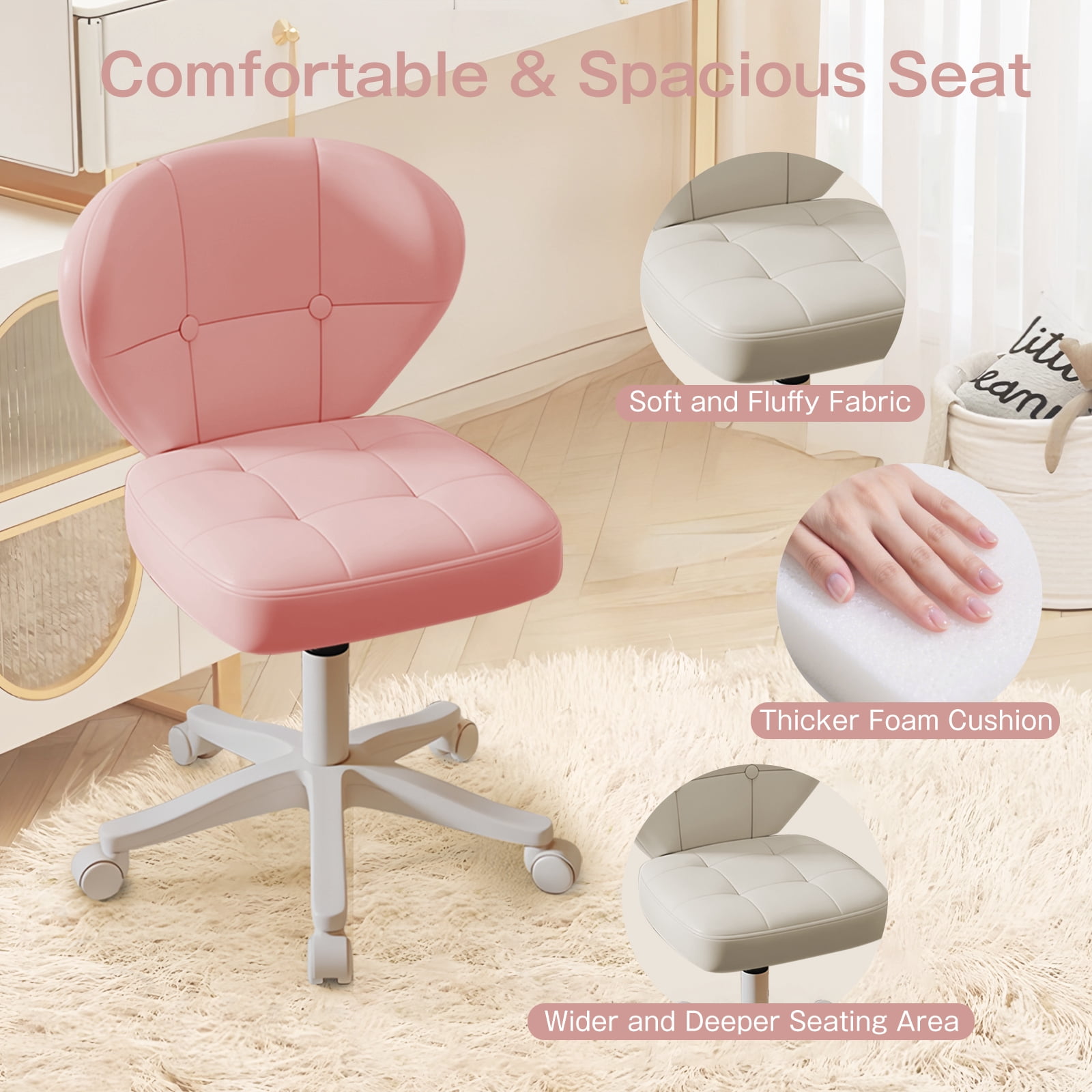 Vanity Chair with Back – Small Armless Office Chair with Wheels, Lumbar Support, PU Leather, Adjustable Height, 360° Swivel for Home, Bedroom, Office Pink