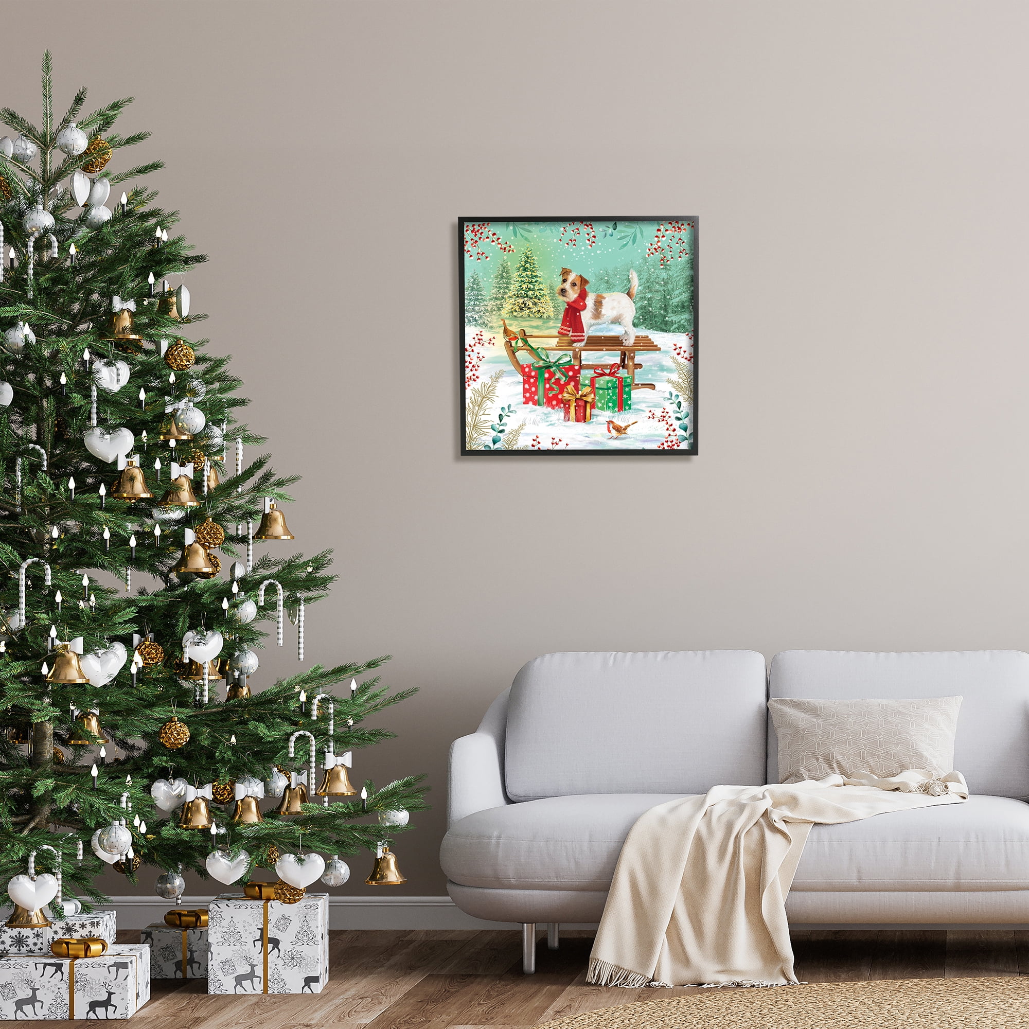 Stupell Industries Puppy On Sled Christmas Gifts Holiday Painting Black Framed Art Print Wall Art