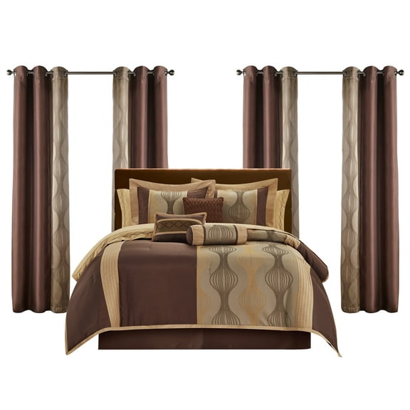 Lanco Elegant Brown All Season Comforter Set, 15 Piece Room-in-A-Bag, King Size , Striped Bedding Set, Matching Decorative Pillows, Pillow Sham , Curtains