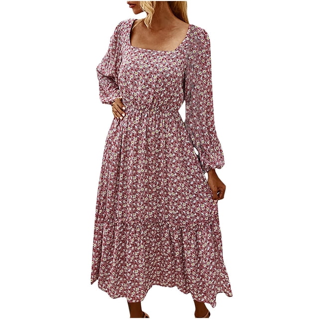 El vestido estampado sexy de manga larga suelto con cuello cuadrado informal de talla grande de invierno para mujer a la moda Fridja yut7166