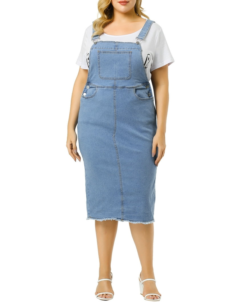 Moda Nova Juniors Plus Size Adjustable Strap Back Slit Denim Overalls Dress