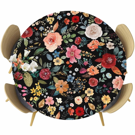 Round Table Cover 36-44 Inch Watercolor Flowers Waterproof Reusable Table Cloth Round Fitted Vinyl Tablecloth with Elastic Edged for Parties Outdoors, Farmhouse Floral Vintage Black