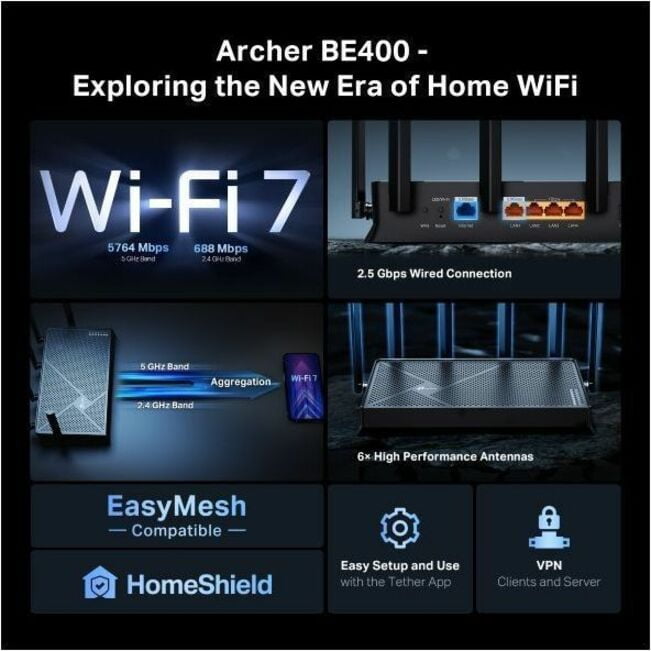 TP-Link, Archer Wi-Fi 7 Router, BE400, Dual-Band 6.5 Gbps
