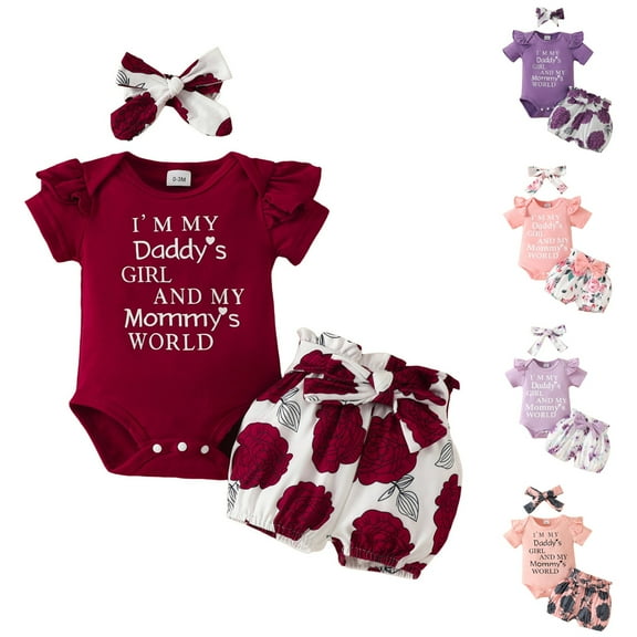 Pandaie Newborn Infant Baby Girl Clothes Short Sleeve Tops Romper Flower Shorts Headband Set Toddler Summer Cute Outfit 0 3 6 12 18 24 Months 9-12 Months Light Purple